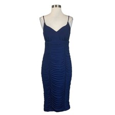 XSCAPE Women's Cocktail Dress Size 12 Blue Sleeveless Ruched Midi Sheath