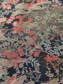 13"x64" Japanese  kimono silk fabric/ black, garden, birds, Chirimen Crepe RA47
