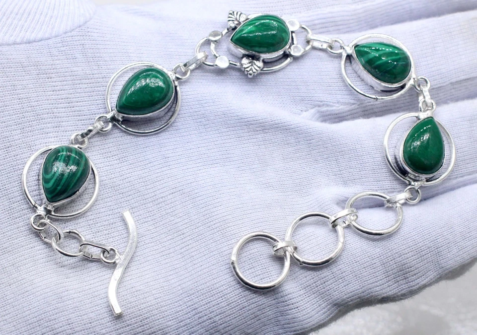 Brazalete de joyería de plata de ley 925 hecho a mano con piedras preciosas de malaquita verde tamaño-7-8" Foto 2 de 3