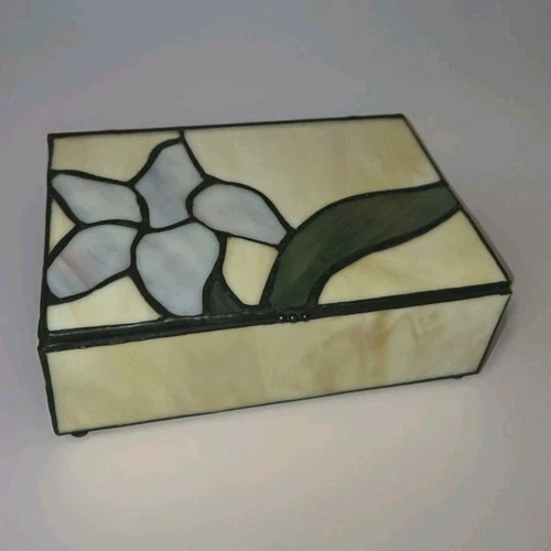 Stained Slag Glass Box Flower Trinket Jewelry Storage Rectangle
