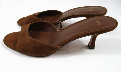 -NEW MANGO MNG Sandalia 622LOLY Peep Toe Kitten Heel Suede Brown Sz 10