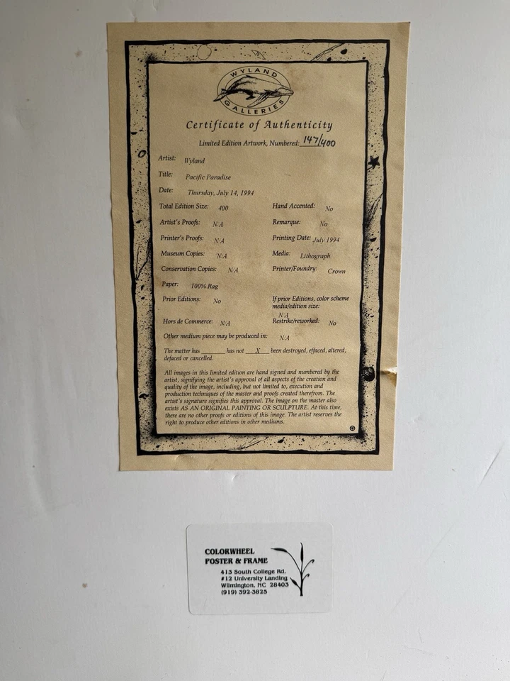 Litografía firmada por Wyland “Pacific Paradise” certificado de autenticidad edición limitada numerada rara Foto 3 de 3