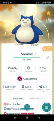 Pokemon Level 50 Shiny Gigantamax Snorlax (20k or 1 Million Stardust) GO