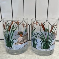 Two Vintage Georges Briard Mallard Ducks Double Old Fashioned Glasses
