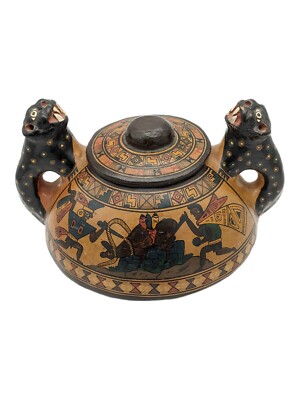 Vtg  Cusco Peru Handpainted  Warrior Art Pottery Pot with Lid Animal Handles