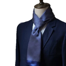 Mens Vintage 100 Silk Scarf Polka Dot Neckerchief Double Layer Cravat Blue Black