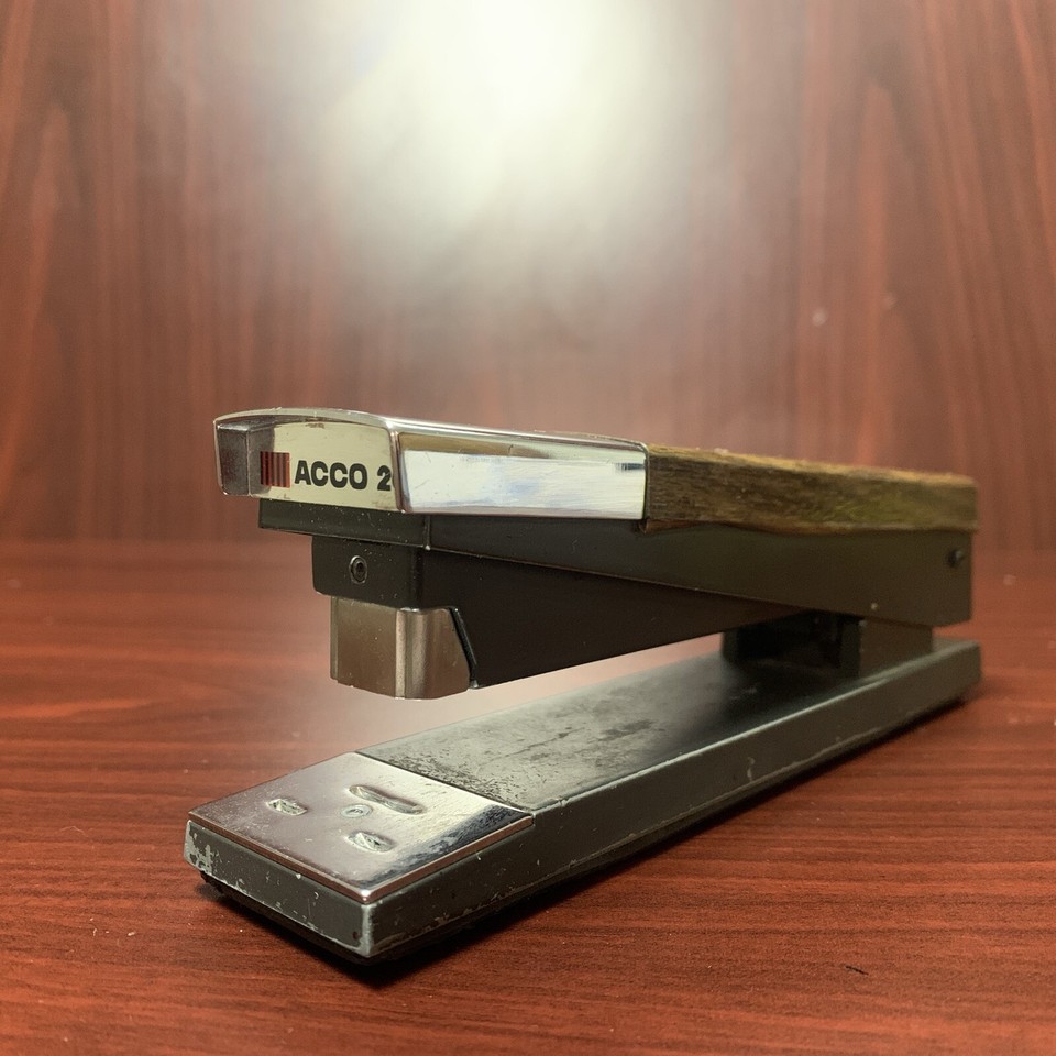 Wood grain meets chrome in this heavy-duty ACCO 20 — a mid-century design mashup that looks more like furniture than a stapler.