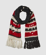  149 J.Crew Women Gray Red Ivory Chunky Stripe Wool Bobble Winter Scarf One Size