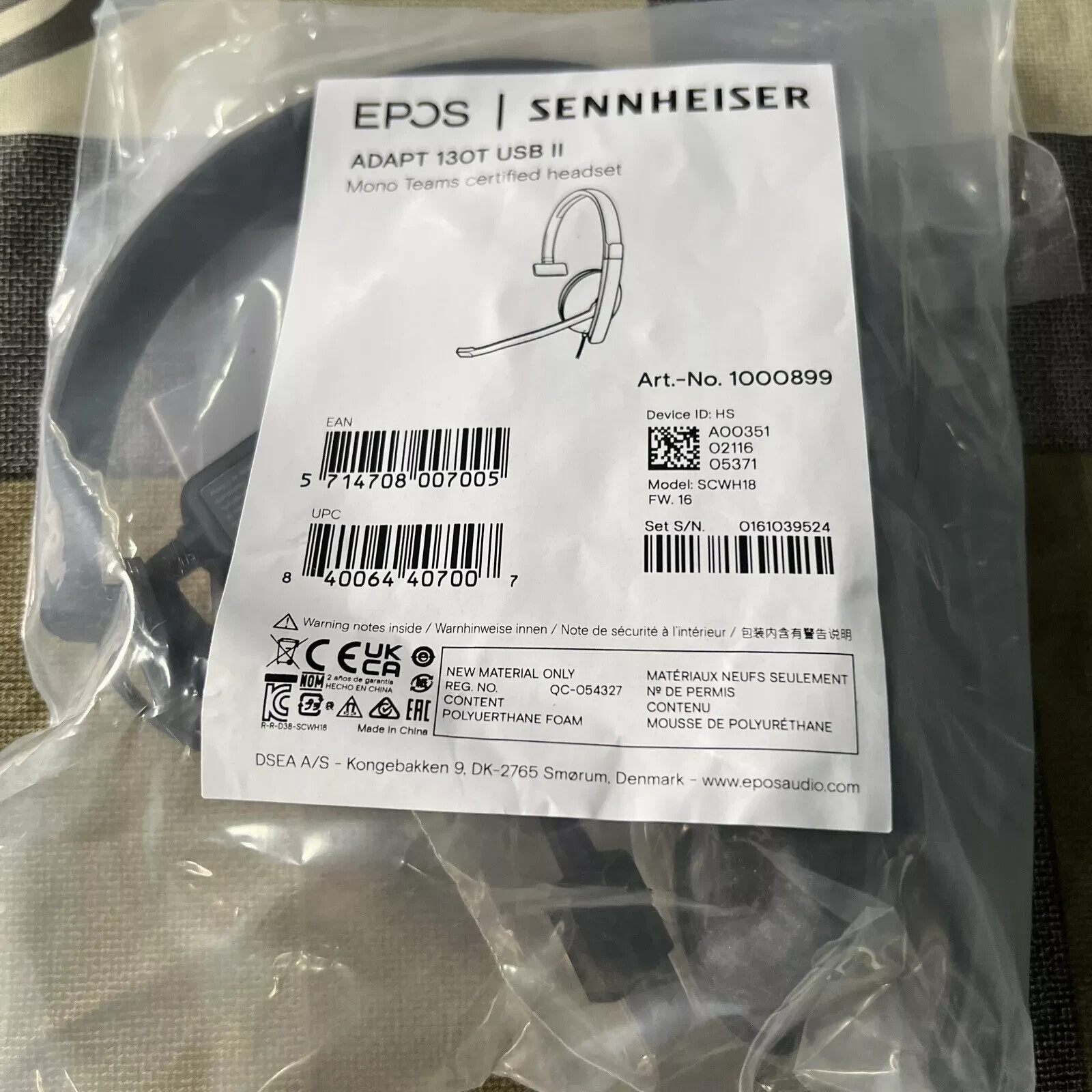 EPOS SENNHEISER ADAPT 130T USB II MONAURAL WIRED  1000899 Headphones & Headsets