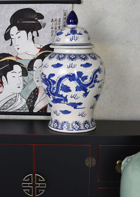 Chinoiserie Drachenvase 50 cm – Blau Weiß Keramik