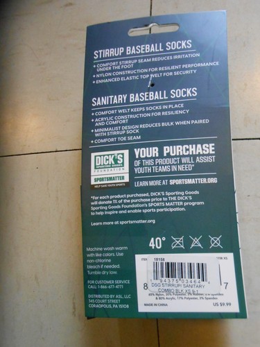 NIP KIDS UNISEX DSG STIR-UP & SANITARY BASEBALL SOCKS COMBO PACK SIZE XS - Picture 3 of 5