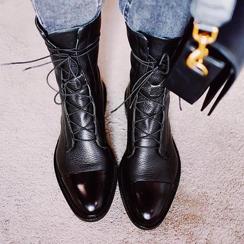 Stivali donna pelle verniciata stringati a punta scarpe basse casual calzature - Foto 11 di 14