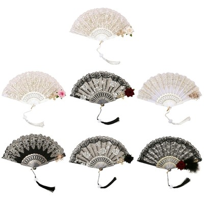 Retro Fan with Tassels Lace Fan Wedding Fan Folding Hand Fan for Dancing Party