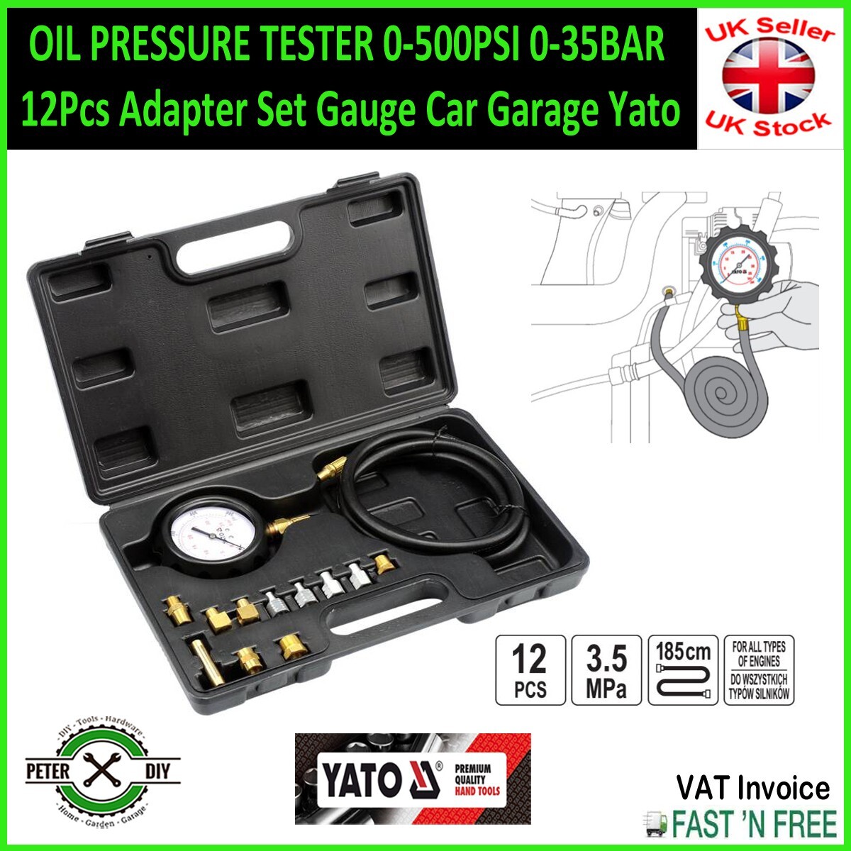 OIL PRESSURE TESTER 0-500PSI 0-35BAR 12Pcs Adapter Set Gauge Car
