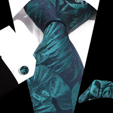 Mens Silk Tie Set Floral Blue Necktie Pocket Square Cufflinks Wedding Party