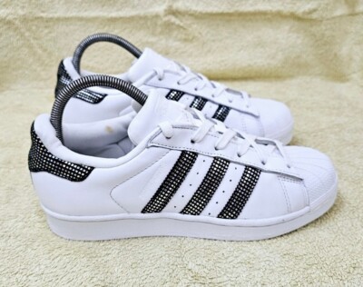 ADIDAS SUPERSTAR TRAINERS WHITE WITH BLACK SILVER SPARKLING SIDES SIZE UK  UK