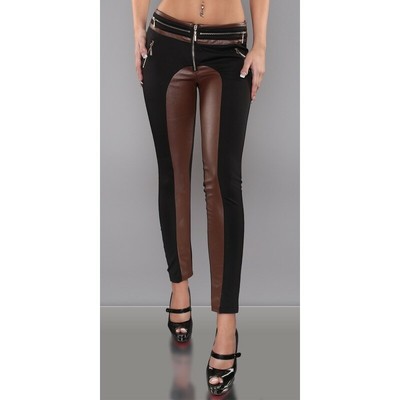 Pantalone donna leggings pantacollant vita bassa in pelle ecopelle bicolore  | eBay