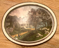Vintage TIN SHEEP TRAY Currier & Ives Spring Platter Lambs Sheep Toleware Metal
