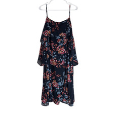 Xhiliration 3X Pink Blue Floral Cold Shoulder Ruffle Adj Strap Midi Dress Summer