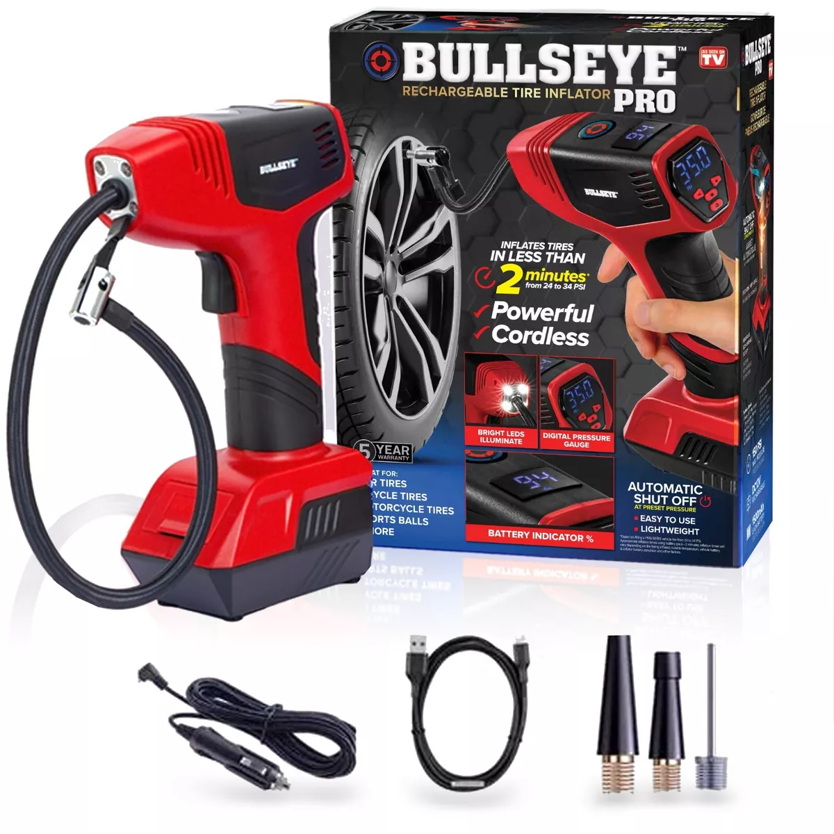 Bullseye Pro Portable Rechargeable Tire Inflator with Digital