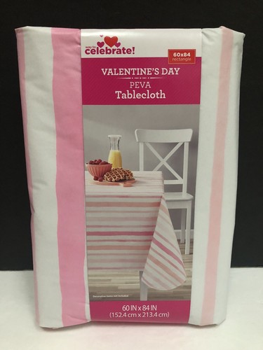 Celebrate Valentine's Day PEVA Vinyl Pink White Stripes Tablecloth 60" x 84" New - 第 1/5 張圖片