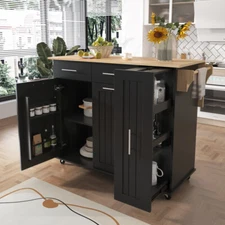 Kitchen Island Cabinet with Drop Leaf, Kitchen Storage Cart with 3 Tier Pull Out