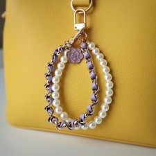 Dije de flores de oro lavanda con cuentas de perlas para mujer correa de muñeca llavero accesorio