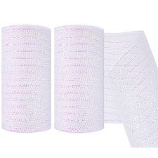 2 Pack Deco Mesh 5.9 Inch x 30 Feet Metallic Foil Ribbon White AB Wreath