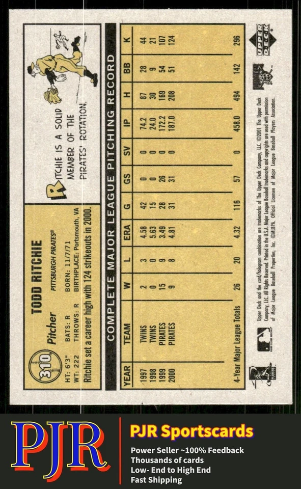 Todd Ritchie 2001 Upper Deck Vintage #310 Pittsburgh Pirates - Image 2 of 2