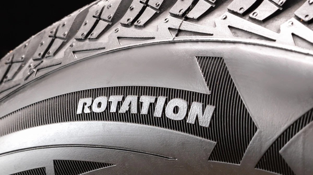 Directional tires have rotation symbols on the sidewall