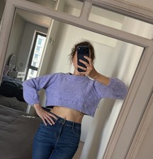 Subdued Cropped Knitted Jumper One Size Y2K Lilac Viscose Long Sleeve Round Neck
