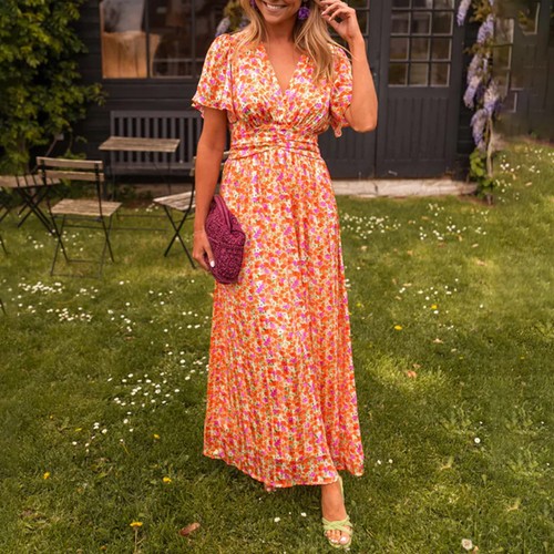 Womens Boho Floral V Neck Maxi Dress Summer Holiday Party Swing Tea Sundress UK - Picture 23 of 23