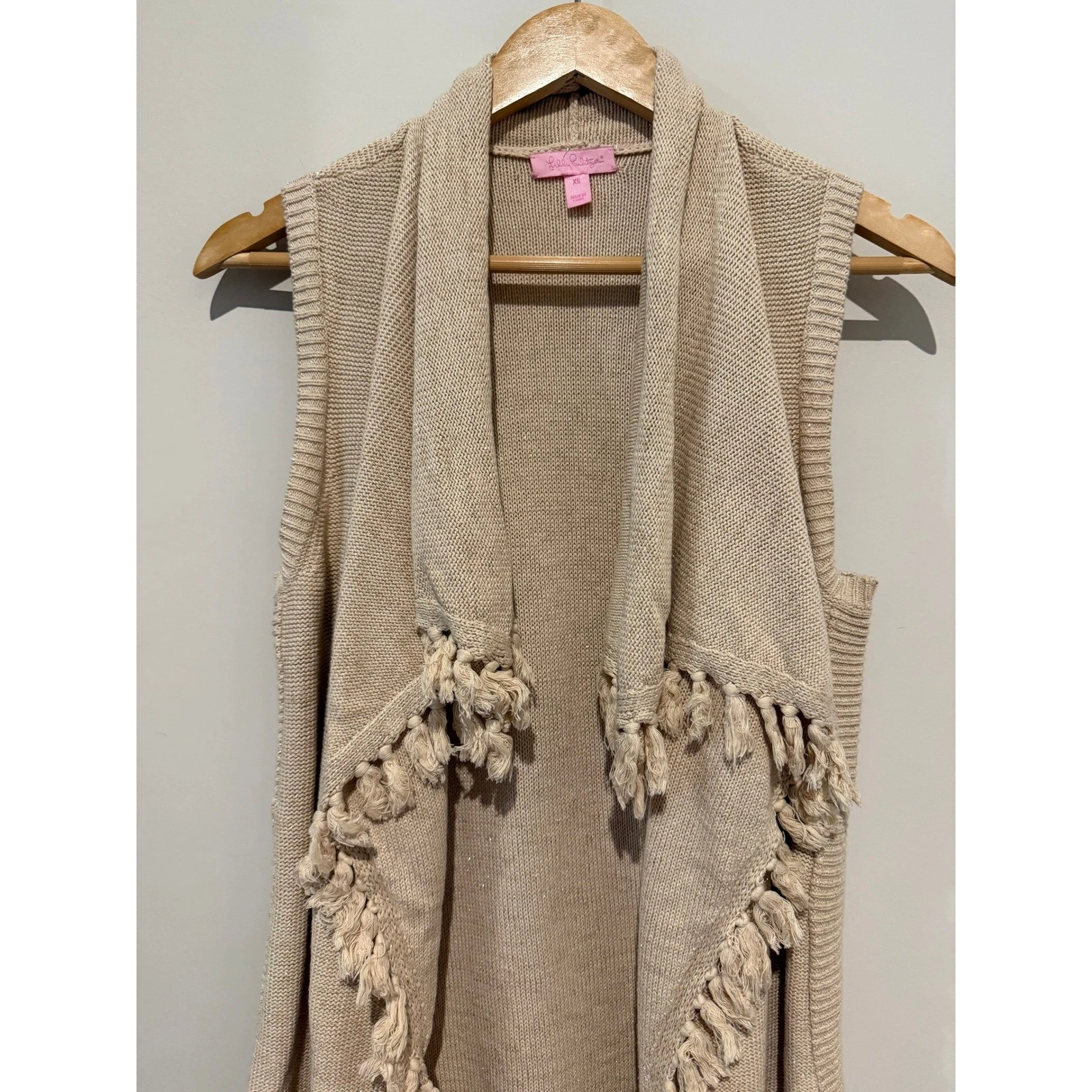 Lilly Pulitzer Tan Tassel Fringe Metallic Shimmer Cardigan Vest XS Layering Boho - product detail image 2
