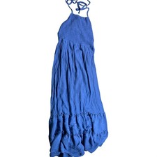 Aura Blue Smocked Halter Maxi Dress Women's Large Ruffle Hem Boho