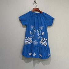 Mini Boden Girls Blue Cotton Sea Life Embroidered Dress Seahorse Coral 6-7Y