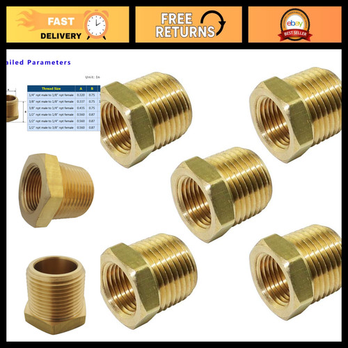 Brass Bushing Reducer 1/2" NPT Male to 1/4" NPT Female Pipe Adapter Fitting 5pcs