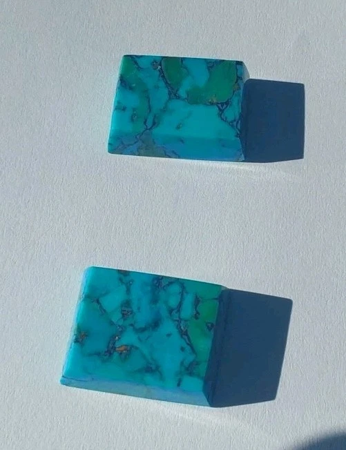 Pair High Grade Rectangle Natural Bisbee Turquoise 24.7 Ct Cabochons Blue Green  - Image 3 of 4