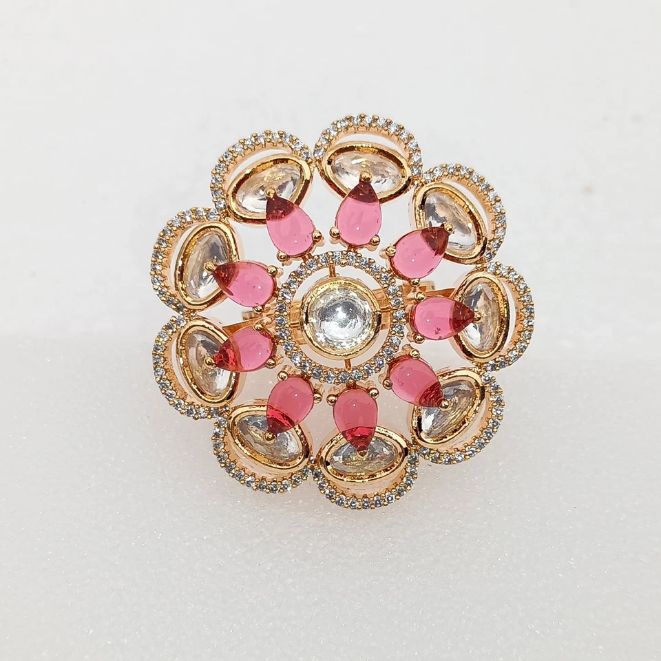 Anillo ajustable de lujo enchapado en oro rubí y circonita cúbica para mujer joyería nupcial regalo Foto 2 de 4