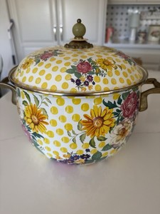 MacKenzie-Childs- Enamel covered Brass Handle Pot Buttercup pattern - 5 Quarts