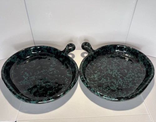 2 Vintage Bennington Potters Green Agate Bistro Plates Vermont Oval Pottery 1897