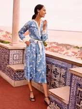 Talbots Belted Fit Flare Shirt dress Dancing Flowers Blue Pockets Large ($120)