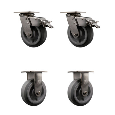 6 Inch 316SS Thermo Flat Tread Caster Set with Roller Bearings 2 Brakes 2 Rigid