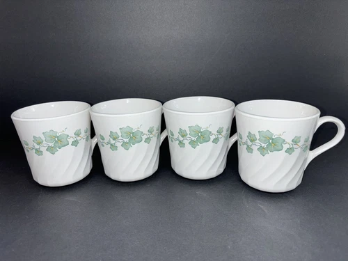 Corning Corelle Callaway Green Ivy Swirl Coffee Cups/Mugs Set of 4