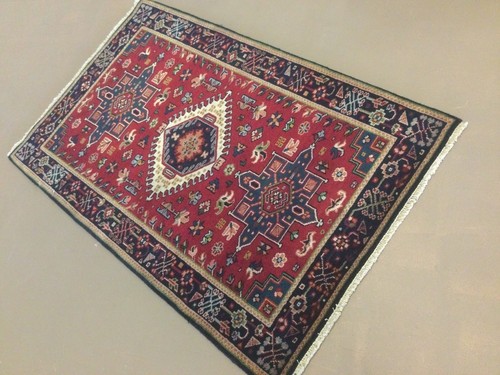 2’.7” X 4’.1” Red Navy Blue Geometric HandKnotted Oriental Area Rug Wool Hallway - Picture 9 of 10