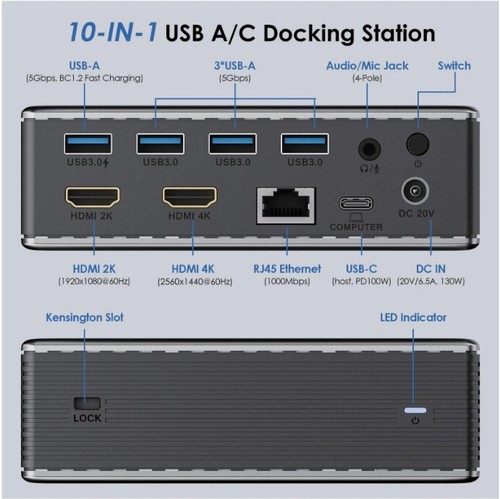 WAVLINK 10 in1 USB3.0 HDMI Universal Docking Station PD100W,4K Dual Dual Moniter - 第 2/8 張圖片