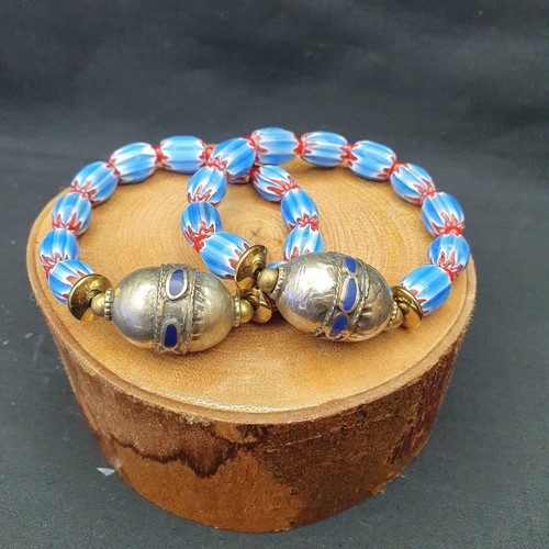 Vintage blue chevron African Glass beads with Beautiful Afghan old bead Bracelet - Picture 6 of 7
