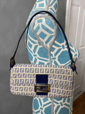 Authentic FENDI Mamma Baguette Zucca Canvas & Leather Shoulder Bag