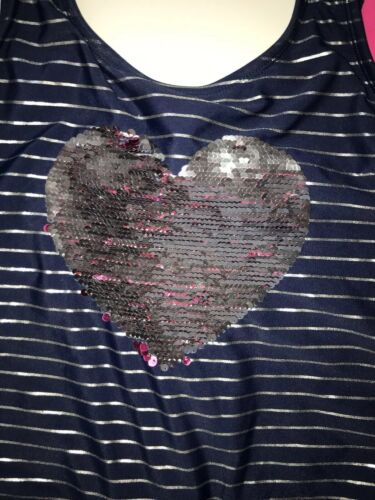 Justice Tankini Swim Top Flip Sequin Heart Navy Silver Stripe Pink Size 16 - Picture 4 of 10