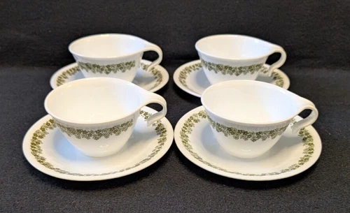 Mid Century Vintage Corelle Spring Blossom Hook Handle Cup & Saucer Set of 4