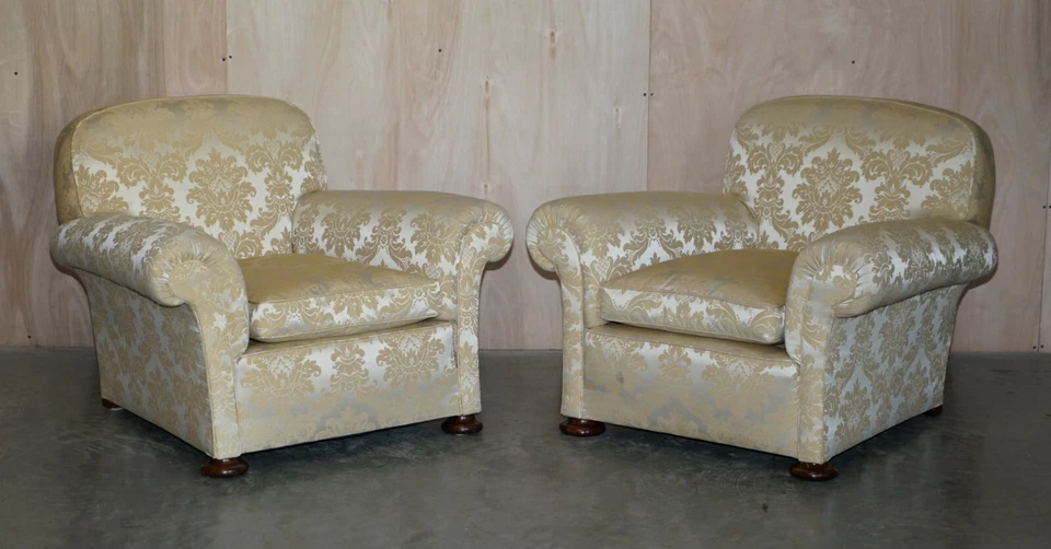ANTIQUE VICTORIAN SOFA & ARMCHAIR CLUB SUITE DAMASK UPHOLSTERY TURNED BUN FEET - Image 2 of 4